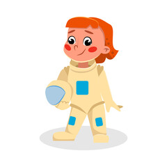 Girl Astronaut Character in Space Suit Standing with Helmet in her Hands, Kids Hobby or Future Profession Concept Cartoon Style Vector Illustration