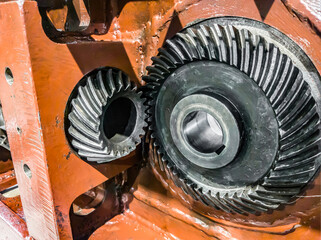 Disassembled gearbox manufacturing in the workshop.
