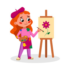 Girl Artist Character Painting on Easel, Kids Hobby or Future Profession Concept Cartoon Style Vector Illustration