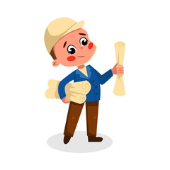 Boy Engineer Character in Hard Hat with Blueprints, Kids Hobby or Future Profession Concept Cartoon Style Vector Illustration