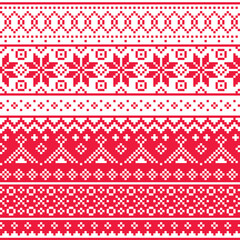Christmas Fair Isle style traditional knitwear vector seamless pattern, Shetlands red knit repetitive design with snowflakes
 