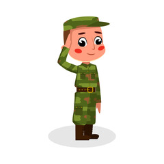 Boy Soldier Character Saluting, Kids Hobby or Future Profession Concept Cartoon Style Vector Illustration