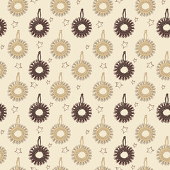 Seamless vector pattern from doodle elements of weaving Christmas toys macrame and trendy interior in boho, folk style. Background for printing on fabric, paper, etc.