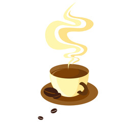 Milk cup of coffee with steam coffee beans are next. Vector illustration.