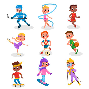 Cute Kids Doing Various Kinds of Sports Set, Boys and Girls Running, Scating, Sking, Playing Hockey, Basketball, Soccer Cartoon Style Vector Illustration