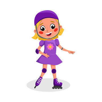 Cute Child Roller Skating, Active Healthy Lifestyle Concept Cartoon Style Vector Illustration