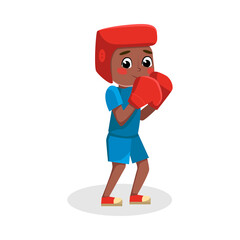 Boy Athlete Practicing Box, Kid in Sports Uniform Doing Physical Exercise, Active Healthy Lifestyle Concept Cartoon Style Vector Illustration