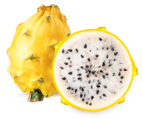 Sweet yellow dragon fruit Pitahaya with slices on White, Yellow Pitahaya dragon fruit isolated on White Background (With clipping path) 