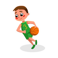 Boy Playing Basketball, Kid Practicing Sports Game, Doing Physical Exercise, Active Healthy Lifestyle Concept Cartoon Style Vector Illustration