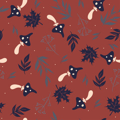 Seamless pattern with amanita and leaves. Vector graphics.