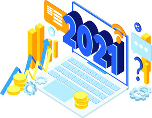Infographic banner template with the date 2021. Modern isometric vector illustration.With people, graphs, computers, icons. Colleagues, brainstorming. Images for business.