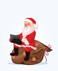 Cheerful Santa Claus, smiling cartoon character, Christmas holiday, on the background, sitting on a bag with a laptop.