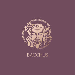 Man face logo with grape berries and leaves. Bacchus or Dionysus. A style for winemakers or brewers.