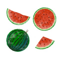 Fresh green watermelon illustration hand drawn in digital watercolor. Isolated on white. Whole, half, slice cut