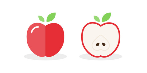 Apple icon. Fresh fruit. Whole apple and split in half. Vector illustration, flat and minimal style