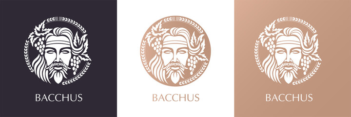 Man face logo with grape berries and leaves. Bacchus or Dionysus. A style for winemakers or brewers.