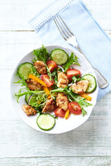 Healthy Salad with Chicken Breast, Cherry Tomatoes, Cucumber, Orange Pepper, Endive and Red Onion. Top view.