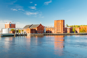Kouvola, Finland - 15 September 2020: Old red brick buildings of Upm factory in Kuusankoski.