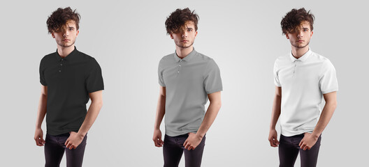 Blank t-shirt mockup on a young guy in black jeans, front view, stylish polo for design...