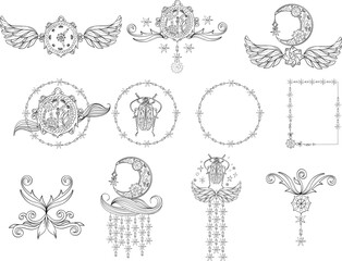 Linear Set of steampunk composition in black. Vector outline drawing with moon, clockwork, bug, frame, gear, wing. Vintage mechanical template for stationery, poster, invitation in industrial style