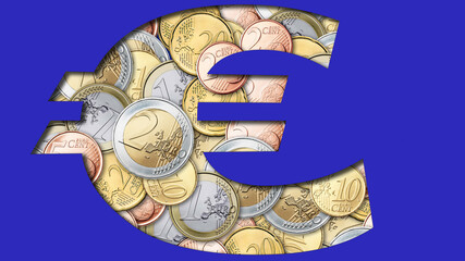 euro symbol cut out in blue with coins in the background