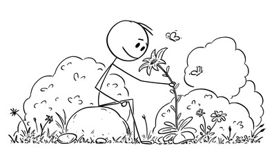Vector cartoon stick figure drawing conceptual illustration of man sitting in peaceful nature surrounded by flowers, trees and butterflies. Lifestyle and outdoor concept.