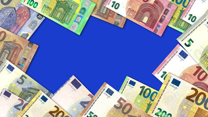 frame of euro banknotes finance currency in Europe  on blue background