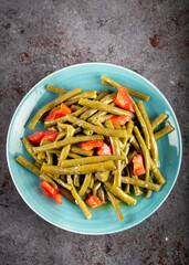 Fresh green cowpea salad with tomato and garlic. Green Cowpeas Salad with garlic and tomatoes. 