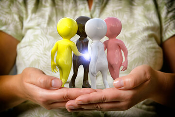 Men of different races stand in a circle on a woman's hands.