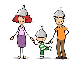 Familie mit Kind und Aluhut als Verschwörungstheoretiker