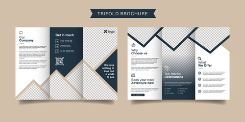 Travel business trifold brochure template. Modern, Creative and Professional tri fold brochure vector design. Simple and minimalist promotion layout.