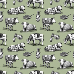 Farm cows, homemade cottage cheese, milk seamless pattern hand drawn in a graphic style. Vintage digital engraving illustration for poster, web, packaging, branding, flyer, print. Isolated on pastel
