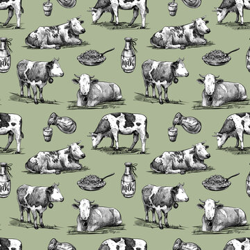 Farm cows, homemade cottage cheese, milk seamless pattern hand drawn in a graphic style. Vintage digital engraving illustration for poster, web, packaging, branding, flyer, print. Isolated on pastel