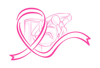 Breast cancer awareness month - drawn mammogram diagnostics and pink ribbon - symbol of fight with disease
