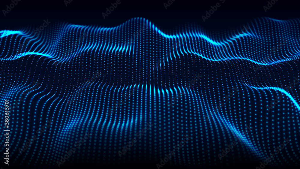 Poster abstract gradient dynamic wave of glowing particles. network of neon dots. big data. digital backgro