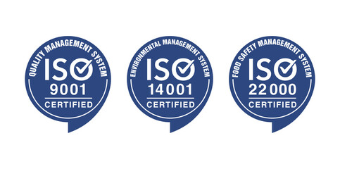 ISO 9001, 14001 and 22000 certified stamp set - quality management system international standard emblems - isolated vector sign - obrazy, fototapety, plakaty