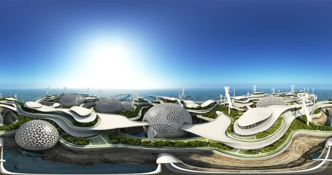 Megapolis island concept. A futuristic city on the water. 360 animation 4K