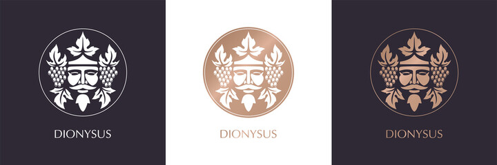 Man face logo with grape berries and leaves. Bacchus or Dionysus. Antique style for winemakers or wines. Vector illustration
