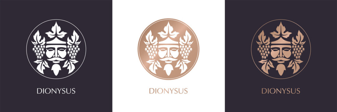 Man face logo with grape berries and leaves. Bacchus or Dionysus. Antique style for winemakers or wines. Vector illustration