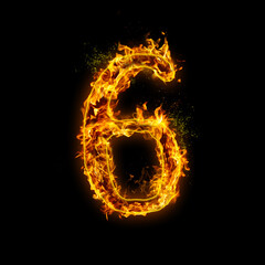 Number 6. Fire flames on black isolated background, realistick fire effect with sparks. Part of alphabet set