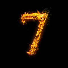 Number 7. Fire flames on black isolated background, realistick fire effect with sparks. Part of alphabet set