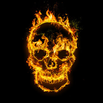Skull. Fire flames on black isolated background, realistic fire effect with sparks