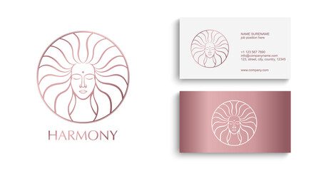 Female face logo. Emblem for a beauty or yoga salon. Style of harmony and beauty. Vector illustration