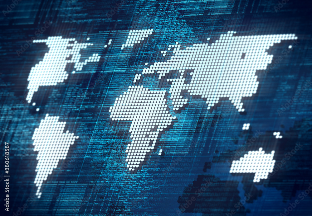 Wall mural blue world map wallpaper in schematic digital form with program code