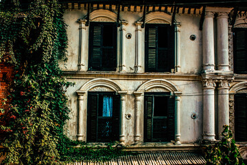 View of the facade of an old house in Nepal
