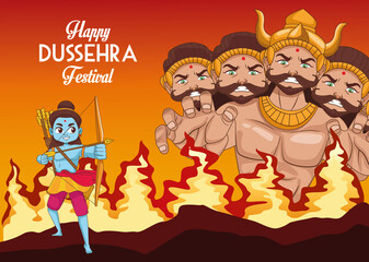 happy dussehra festival poster with ten headed ravana and rama blue on fire
