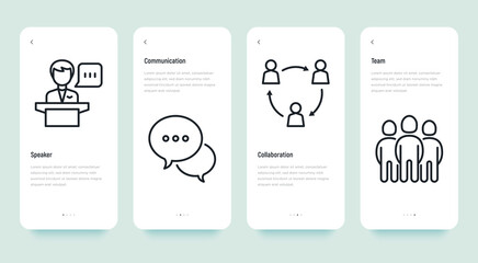 Meeting mobile user interface with thin line icons: speaker, communication, collaboration, teamwork. Vector illustration, template with copy space.