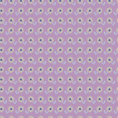 Rows of doodle flowers seamless vector pattern on a violet pattern. Girly surface print design for fabrics, stationery, scrapbook paper, textiles, gift wrap, and packaging.