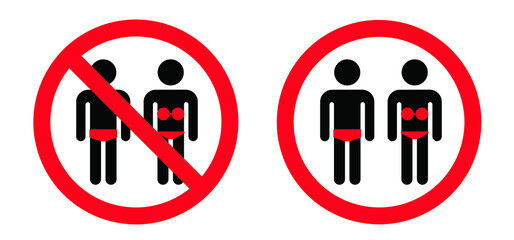 Forbid, Swimming trunks no bikini zone No entry in swimsuits No beach clothes Naturism sign, means nude people only, textile Vector sign Stop halt swim wear area Forbidden bra swimsuit No shorts sauna