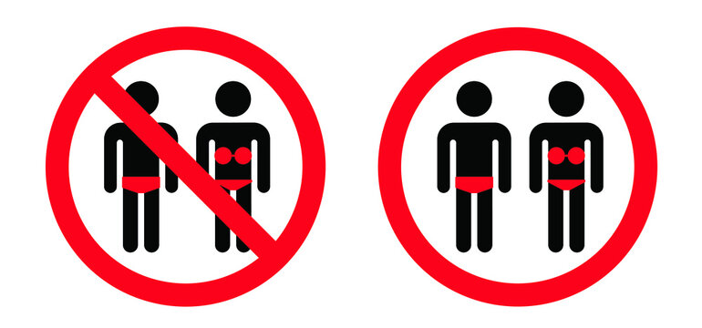 Forbid, Swimming trunks no bikini zone No entry in swimsuits No beach  clothes Naturism sign, means nude people only, textile Vector sign Stop  halt swim wear area Forbidden bra swimsuit No shorts